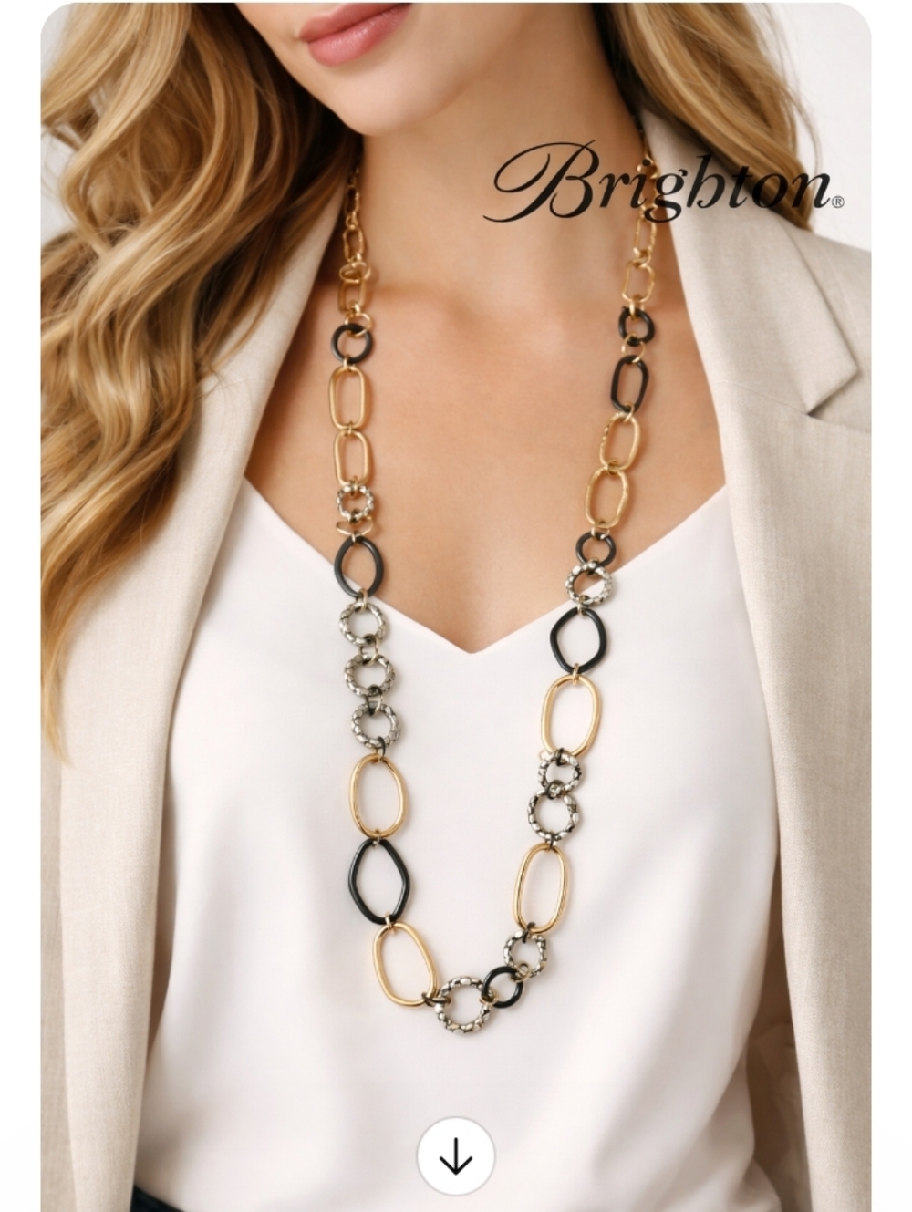 Brighton Mixed Metal Long Link Necklace Gold Silver Black Statement